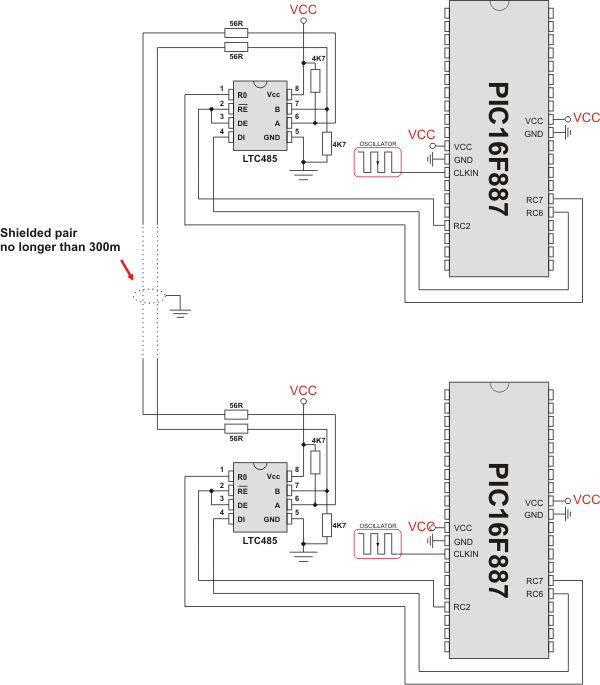 Example of interfacing PIC16F887 MCU to PIC16F887 MCU MCU via RS485 bus with LTC485 as RS-485 transceiver