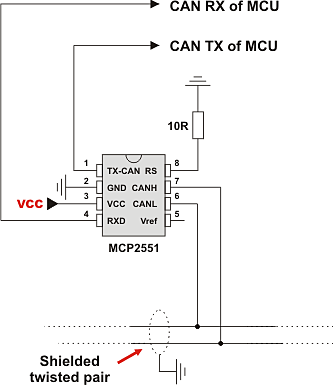 Example of interfacing CAN transceiver with MCU and bus